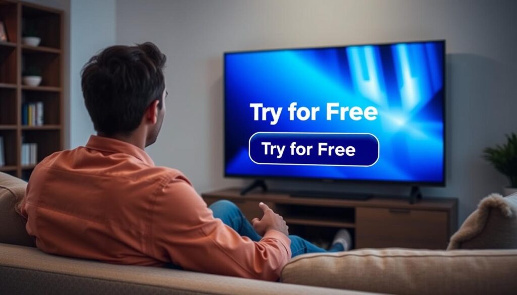 Image of a person enjoying IPTV on their TV with a "Try for Free" button overlay.