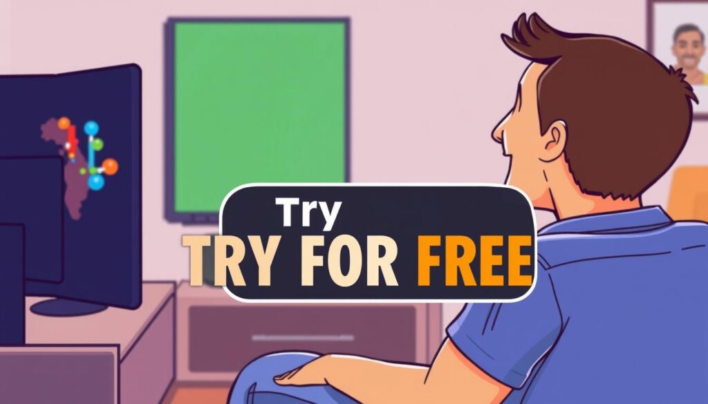 Image of a person enjoying Latino IPTV on their TV with a "Try for Free" button overlay.