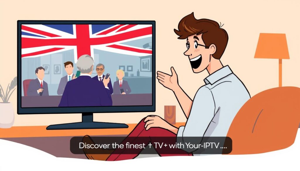 Image of a person enjoying their favorite TV show on a smart TV with a caption: "Experience the best of British TV with Your-IPTV."