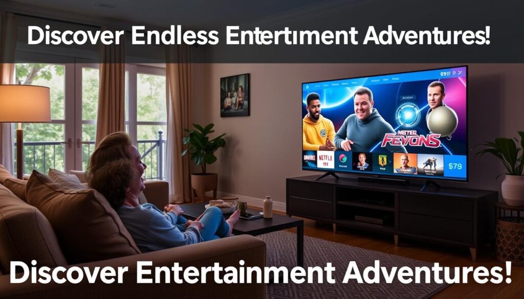 Image of a person enjoying their favorite TV show on a smart TV with a caption "Unlock a World of Entertainment"