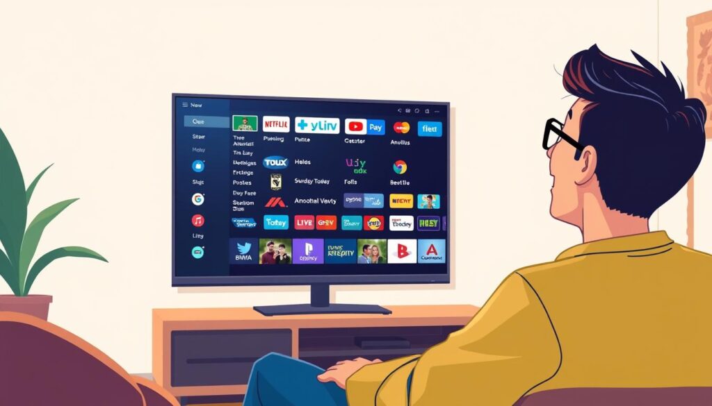 Image of a person enjoying their favorite TV show on a smart TV with a vast channel list on the screen.