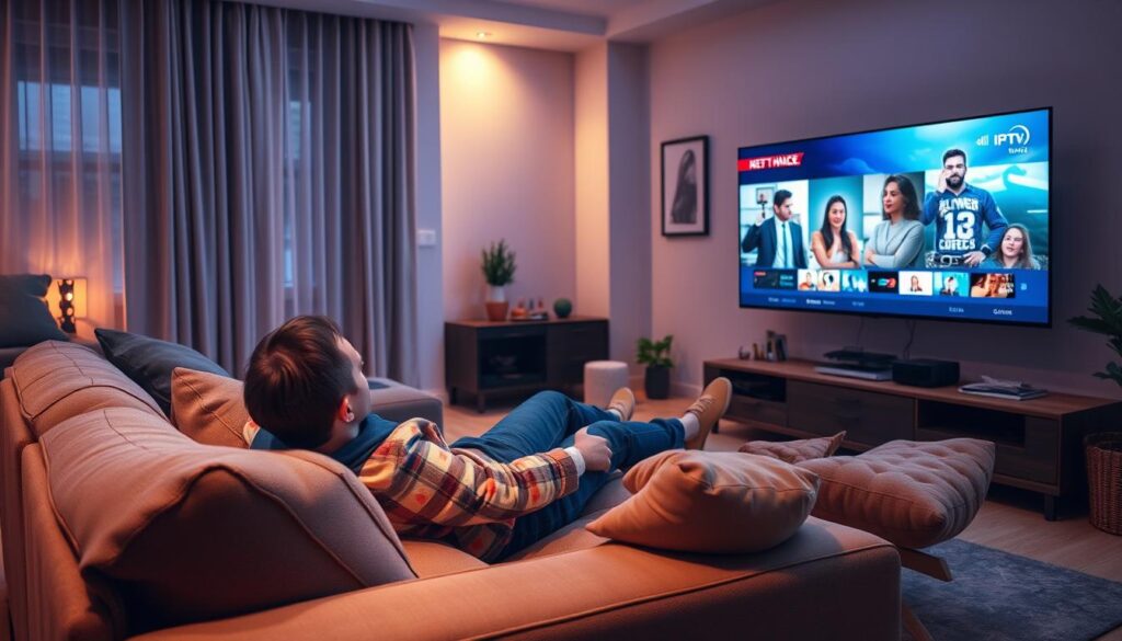Image of a person relaxing on a couch, watching their favorite TV show on a smart TV with an IPTV subscription.