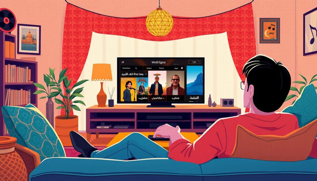 Image of a person watching Arabic movies and series on a streaming device.