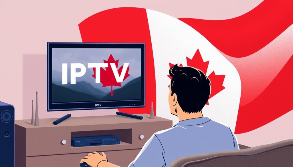 Image of a person watching IPTV on a TV with a Canadian flag in the background