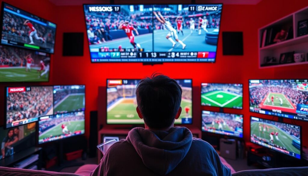 Image of a person watching sports on TV with multiple screens