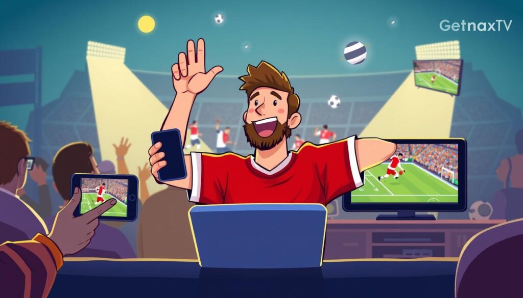 Image of a sports fan enjoying live sports on multiple devices with GetMaxTV