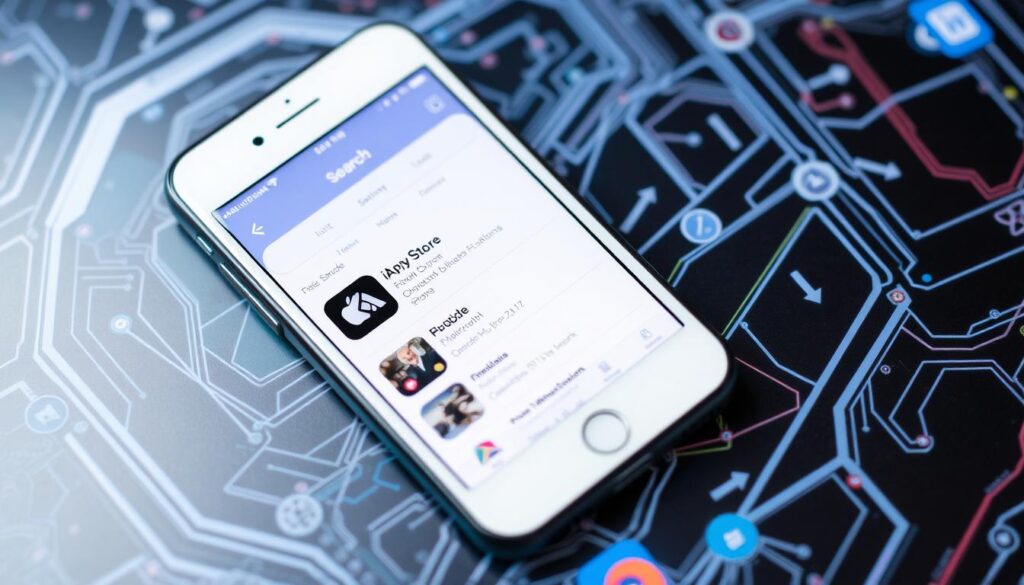 Image of an iPhone with the App Store open, searching for IPTV apps.
