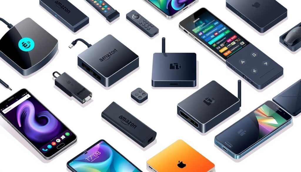 Image of various IPTV devices such as Amazon FireStick, Android TV Boxes, and mobile devices