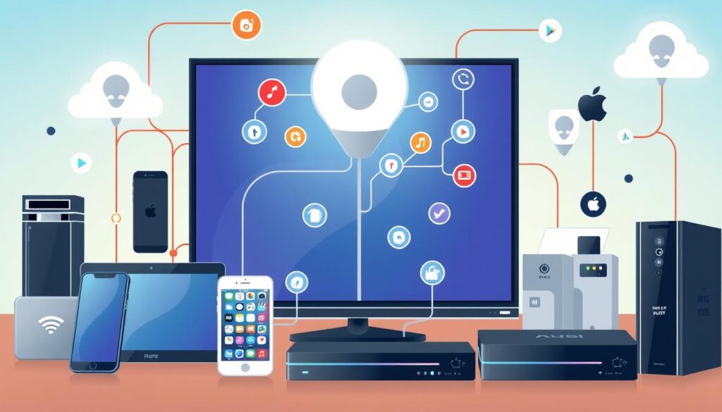 Image of various devices (Smart TVs, smartphones, tablets, set-top boxes) connected to the internet