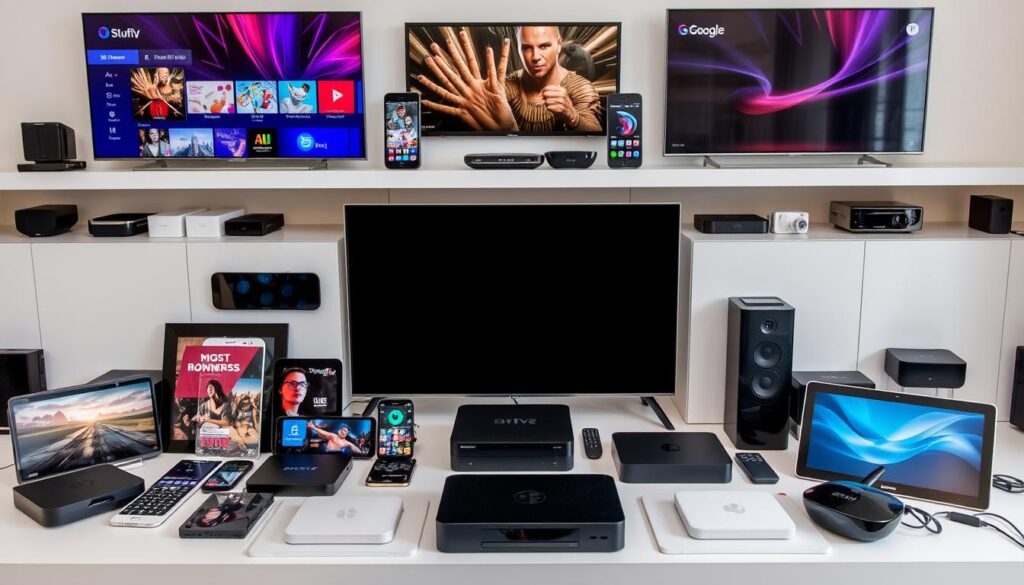 Image of various devices like smart TVs, smartphones, tablets, and streaming devices