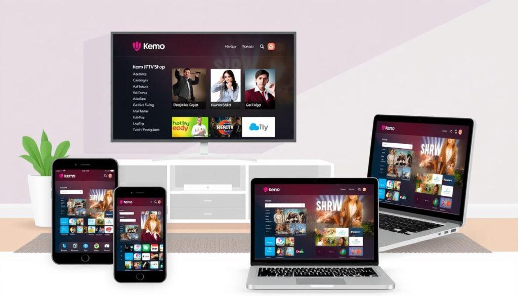 Image of various devices (smartphone, tablet, smart TV, laptop) streaming Kemo IPTV Shop content simultaneously.