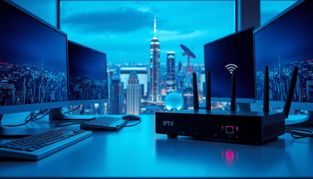 Imagine a minimalist, high-tech workspace with sleek monitors, keyboards, and a modern router. The foreground features an IPTV streaming device, its clean lines and LED indicators hinting at the powerful technology within. In the middle ground, cable connectors, ethernet ports, and WiFi symbols suggest the essential network infrastructure required for smooth IPTV streaming. The background showcases a vibrant cityscape, skyscrapers and satellite dishes alluding to the global connectivity enabling IPTV. The scene is bathed in a cool, blue-tinted lighting, conveying a sense of precision and digital elegance.