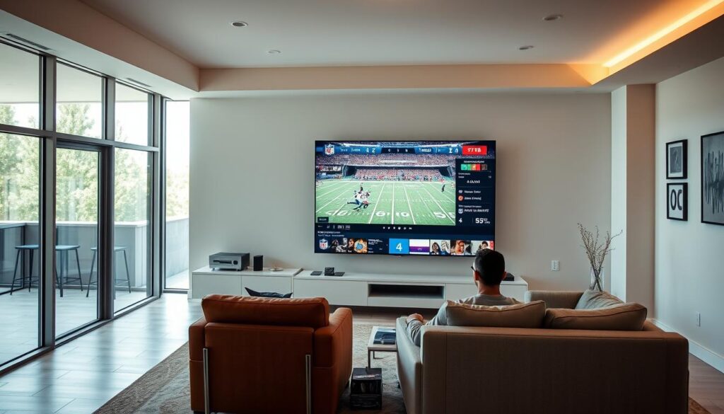 Prompt A modern living room with a sleek, minimalist design. In the foreground, a large flat-screen TV displays an IPTV interface showcasing NFL game highlights, the scoreboard, and player stats. The middle ground features a comfortable couch and armchair, where a person is watching the game intently. The background has large windows letting in natural light, creating a bright and airy atmosphere. The lighting is balanced, with a mix of ambient and task lighting to enhance the viewing experience. The overall scene conveys the convenience and immersion of NFL streaming through an IPTV service, without the need for a traditional cable or satellite subscription.