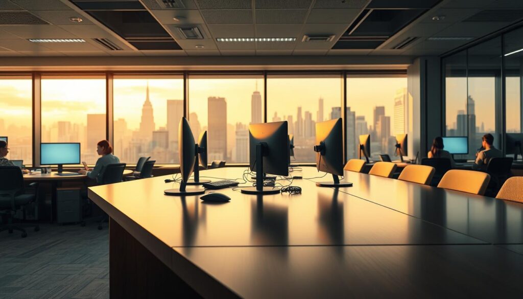 Prompt A modern office interior with a 24/7 customer support desk in the foreground. The desk is made of sleek dark wood and glass, with multiple computer monitors and headsets on it. Behind the desk, there is a large window overlooking a bustling city skyline, bathed in warm golden light. The room is illuminated by soft, indirect lighting, creating a calm and professional atmosphere. In the background, a team of customer service representatives are visible, working diligently to address customer inquiries. The overall scene conveys a sense of reliable, around-the-clock support and service.