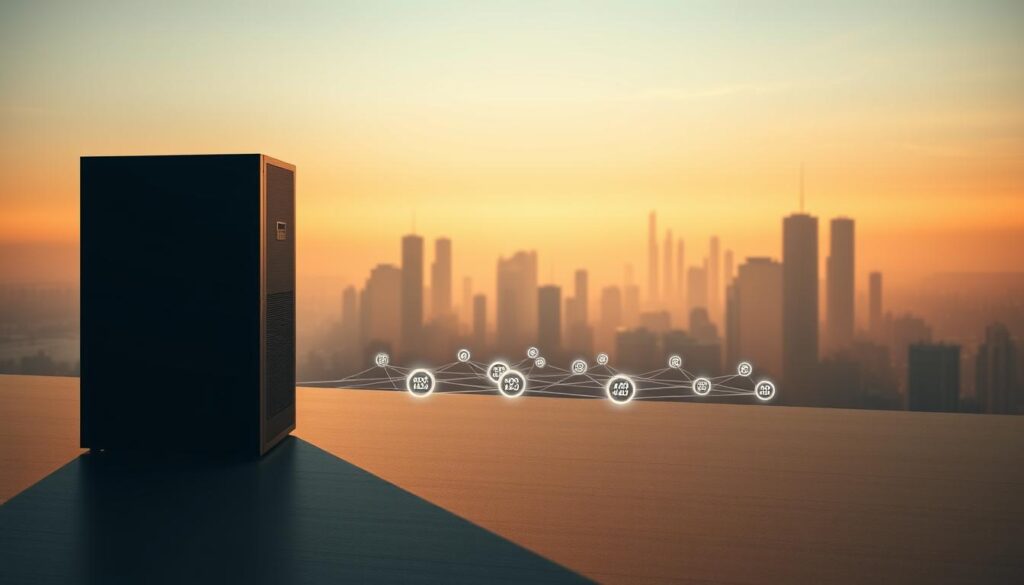 Scalable streaming solutions in a sleek, minimalist setting. A server rack in the foreground, sleek and modern, casting long shadows. Behind it, a network of interconnected nodes, visualized as glowing orbs pulsing with data. The background is a serene, futuristic landscape, with towering skyscrapers and a hazy, atmospheric sky. Warm, directional lighting illuminates the scene, creating a sense of depth and dimension. The overall mood is one of efficiency, flexibility, and technological advancement, capturing the essence of scalable IPTV services.