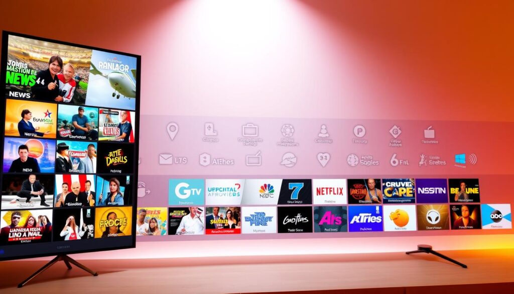 Vibrant, colorful assortment of Spanish-language IPTV content categories, presented on a sleek, modern interface. In the foreground, a grid of thumbnails showcasing diverse programming options - news, sports, movies, telenovelas, and more. The middle ground features stylized icons and labels, hinting at the breadth of entertainment available. The background has a subtle gradient, creating a sense of depth and emphasizing the digital nature of the IPTV experience. Warm, inviting lighting and a clean, minimalist design convey the accessibility and appeal of this comprehensive Latino media platform.