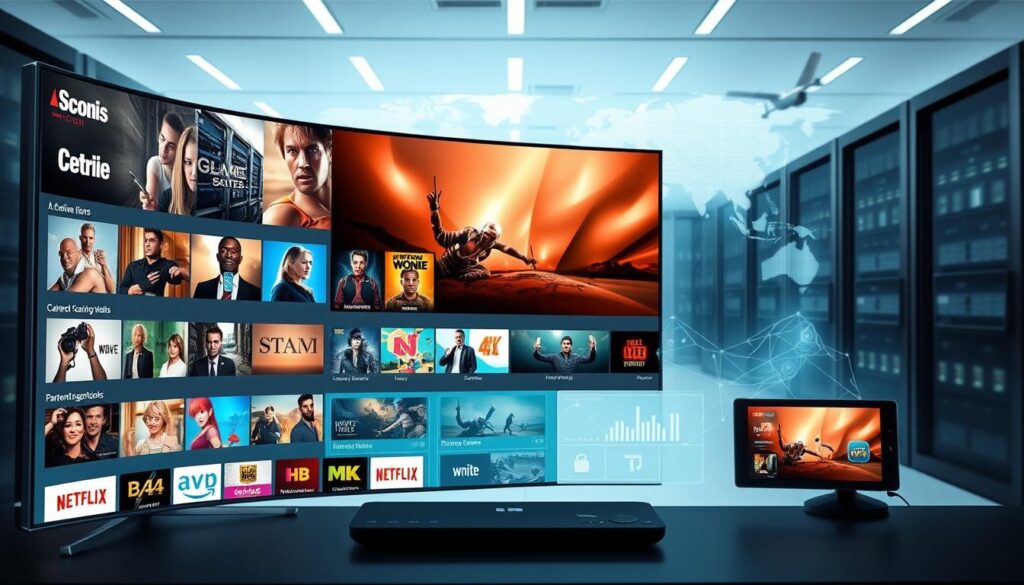 a high-quality, realistic image of the benefits of using an IPTV app, featuring a modern, sleek user interface with a grid of colorful app icons and intuitive controls. The foreground should showcase a range of content like live TV channels, on-demand movies, and TV shows, with a focus on the app's extensive library and HD/4K streaming capabilities. The middle ground could include visualizations of the app's cross-device compatibility, parental controls, and personalized recommendations. The background should convey a sense of technology and connectivity, with subtle elements like server racks, satellite dishes, or a global network map. The lighting should be bright and clean, with a professional, polished aesthetic. The overall mood should be one of efficiency, convenience, and entertainment.