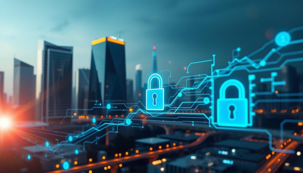 a highly detailed, photorealistic image of a secure payment system with SSL encryption, set against a background of a modern city skyline. The foreground shows an abstract representation of a secure payment transaction, with glowing data streams and lock icons signifying SSL encryption. The middle ground depicts sleek, high-rise office buildings with reflective glass facades, conveying a sense of technology and digital finance. The background features a hazy, futuristic cityscape with skyscrapers, bridges, and glowing lights, creating an atmosphere of progress and innovation. Warm lighting, subtle lens flare, and a cinematic depth of field contribute to the overall aesthetic of the image.