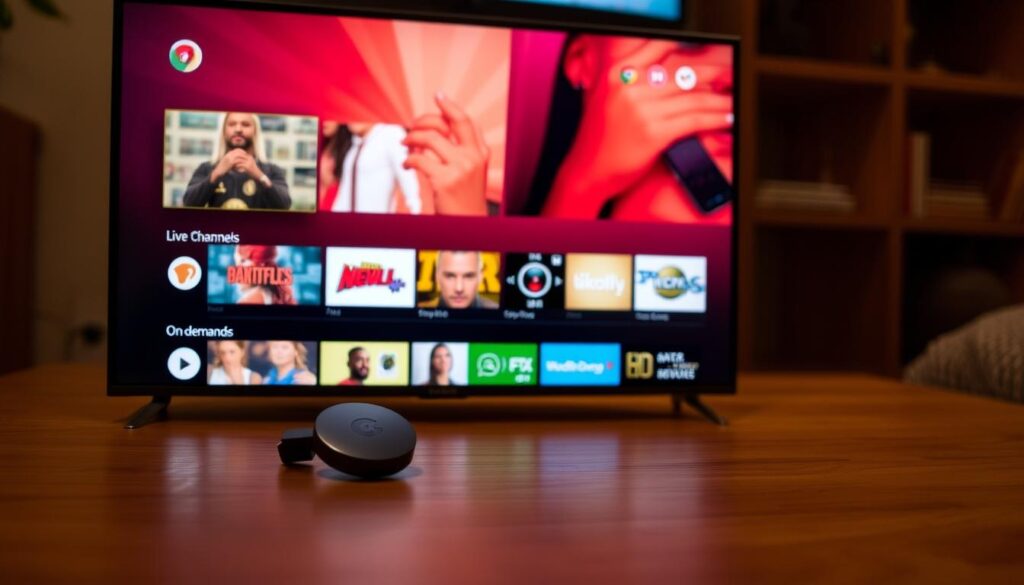 A Chromecast with Google TV device resting on a wooden surface, displaying a vibrant IPTV interface with live TV channels, streaming services, and on-demand content. The device is surrounded by a warm, cozy atmosphere, with soft lighting illuminating the scene. The IPTV interface showcases a clean, user-friendly design, making it easy to navigate and discover new content. The overall scene conveys the convenience and versatility of using IPTV on a Chromecast with Google TV, highlighting its suitability for a seamless home entertainment experience.