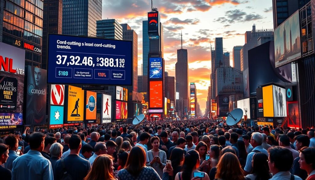 A bustling cityscape with skyscrapers and billboards, bathed in a warm, golden-hour glow. In the foreground, people are gathered around a large screen displaying statistics and graphs, indicating the steady rise of cord-cutting trends. The middle ground features a diverse crowd of millennials and younger generations, their faces illuminated by the glow of their mobile devices, symbolizing the shift towards on-demand, streaming-based entertainment. In the background, traditional cable television boxes and satellite dishes are being dismantled, representing the decline of traditional TV services. The overall composition conveys a sense of progress, technological advancement, and the evolving media landscape.