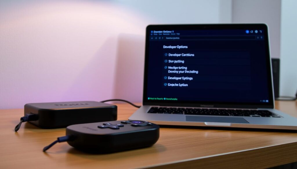 A clean, well-lit room with a desk showcasing a Roku device, remote, and a laptop or computer displaying the developer options menu. The scene should convey a sense of focus and concentration, with subtle lighting highlighting the key elements. The Roku device is prominently featured, surrounded by accessories necessary for the IPTV installation process. The laptop screen displays the developer options interface, providing a clear visual reference for the user. The overall atmosphere should be one of technical precision and attention to detail, setting the stage for the step-by-step guide.