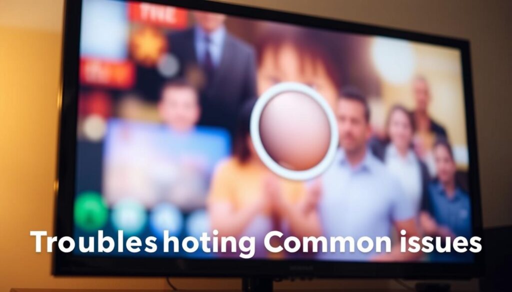 A close-up view of a television screen displaying the TiviMate app, the screen filled with a circular buffering icon spinning against a blurred background. The screen is illuminated by a warm, soft light, creating a calming atmosphere. The camera angle is slightly elevated, giving a sense of the user's perspective. The image conveys the frustration and anticipation of waiting for content to load, but also suggests a sense of resolution and troubleshooting as the user works to address the buffering issue. The overall composition and mood reflect the "Troubleshooting Common Issues" section of the article.