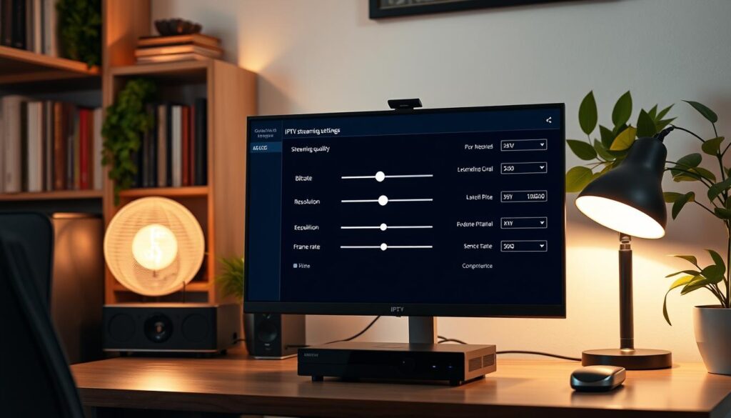 A cozy, well-lit home office setup with a desktop computer, monitor, and streaming device prominently displayed. The monitor shows a user interface with various IPTV streaming quality settings, with sliders and options to adjust bitrate, resolution, and frame rate. Soft lighting from a desk lamp creates a warm, inviting atmosphere, while the background features a bookshelf and potted plants, suggesting a professional but comfortable work environment. The overall scene conveys a sense of control and optimization for the best IPTV streaming experience.