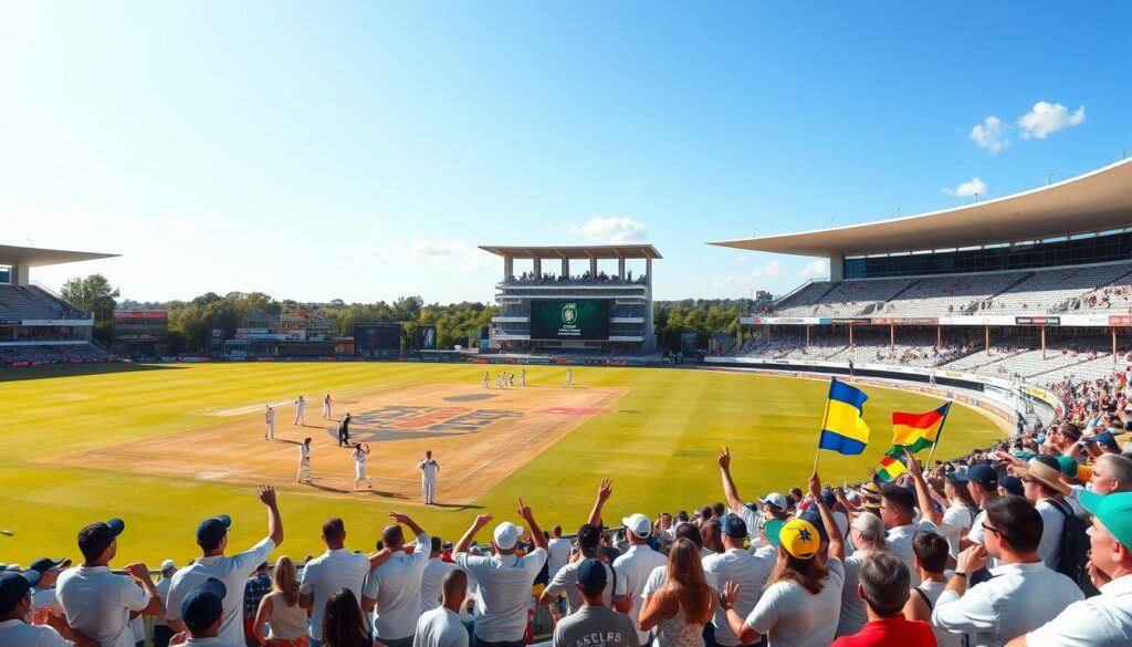 A cricket stadium on a sunny day, the field meticulously maintained, with players in white uniforms engaged in an intense match. In the foreground, a group of passionate fans dressed in team colors, waving flags and cheering enthusiastically. The middle ground features a large screen displaying the match details, while in the background, the iconic pavilion stands tall, its architecture blending seamlessly with the surrounding landscape. The lighting is warm and natural, capturing the energy and excitement of the event. The scene is shot from a slightly elevated angle, providing a panoramic view of the entire stadium, inviting the viewer to immerse themselves in the thrilling atmosphere of the Cricket World Cup.