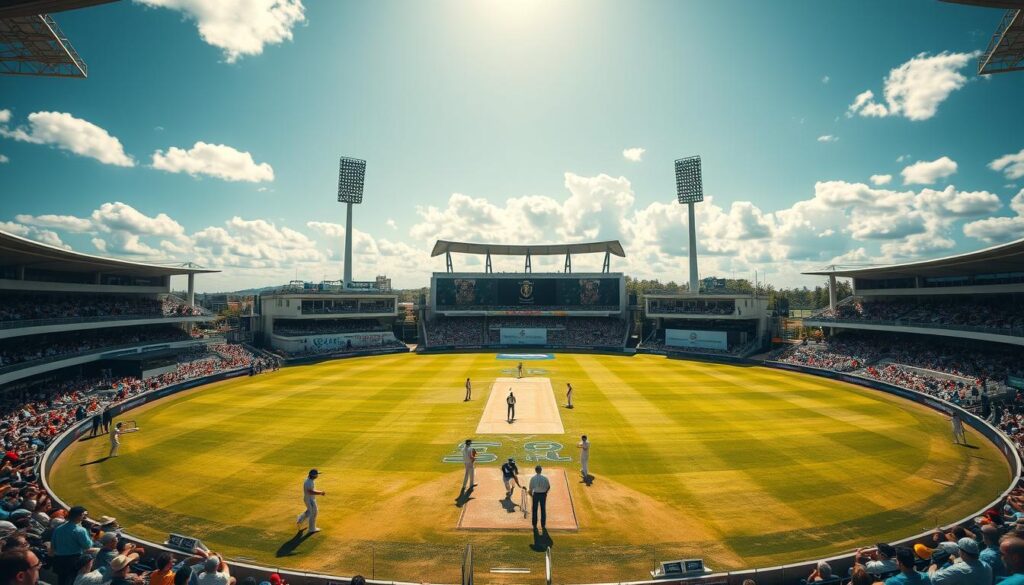 A cricket stadium on a sunny day, with a lush green pitch and spectators filling the stands. In the foreground, a group of players in their team uniforms are engaged in an intense match, their dynamic movements captured in a cinematic wide-angle shot. The middle ground features the scoreboard and commentary booth, providing a sense of the event's scale and excitement. In the background, the stadium's architecture, including towering floodlights and the iconic pavilion, creates a sense of grandeur and anticipation for the ongoing World Cup tournament.
