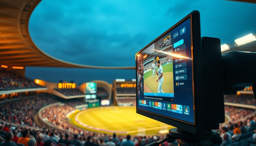 A crisp, high-definition image of a cricket stadium during a world cup match, captured through the lens of a DSLR camera. The foreground features a close-up view of a smart TV displaying a dynamic IPTV interface, showcasing a live stream of the ongoing match. The middle ground depicts spectators in the stadium stands, their faces aglow with excitement as they watch the game. The background showcases the iconic architecture of the cricket venue, bathed in warm, golden lighting that creates a sense of energy and anticipation. The overall composition conveys the convenience and immersive experience of enjoying the cricket world cup live on IPTV.