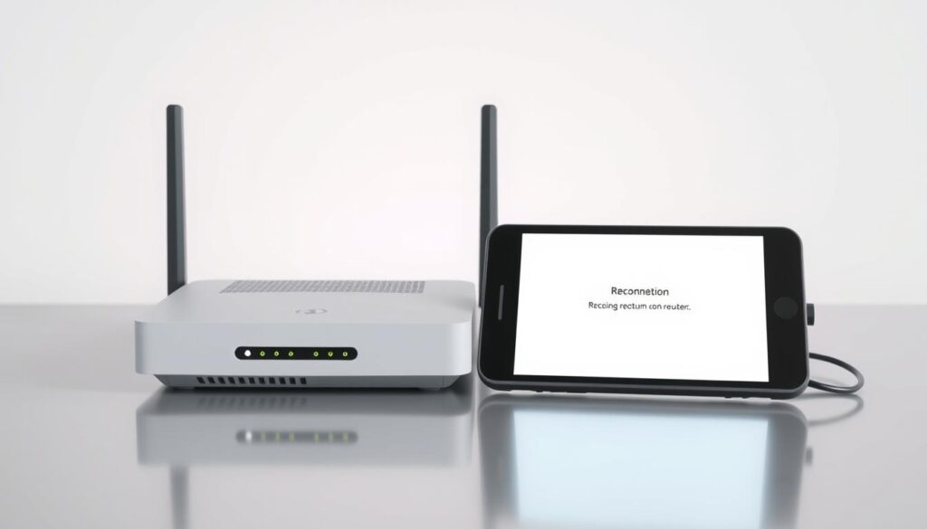 A crisp, minimalist rendering of a network router and connected device resting on a sleek, reflective surface. The router's status lights blink steadily, indicating a successful reboot. The device's screen displays a reconnection prompt, ready to resume normal operation. Soft, diffused lighting from above casts subtle shadows, emphasizing the angular forms and clean lines of the equipment. The overall mood is one of functional simplicity, suggesting an efficient troubleshooting process to resolve connectivity issues.