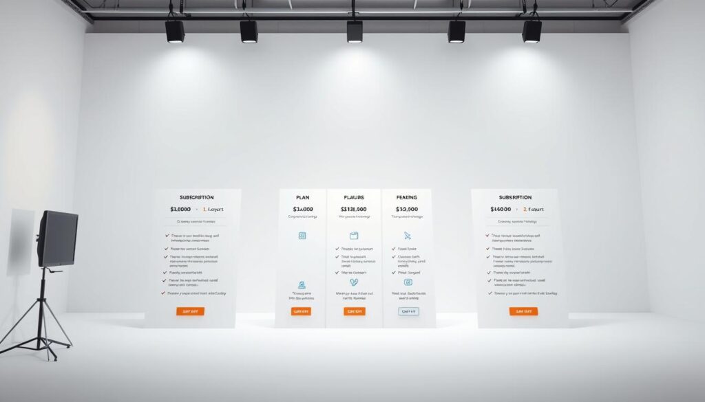 A crisp, well-lit studio setting showcasing a visually appealing comparison of subscription plan offerings. The foreground features three distinct plan tiers, each with neatly organized icons, pricing, and feature highlights. The middle ground includes subtle product shots or illustrations that complement the plans. The background maintains a clean, minimalist aesthetic, allowing the plans to be the focal point. Lighting is soft and evenly distributed, creating a professional, high-quality look. The overall composition is balanced and easy to comprehend, guiding the viewer's attention to the key details of the IPTV service offerings.
