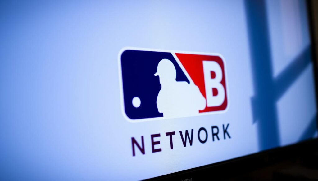 A detailed close-up shot of an MLB Network logo and branding displayed on a modern IPTV device, such as a smart TV or streaming box. The logo is sharp and well-defined, rendered in the official MLB Network colors of navy blue, red, and white. The device's sleek, minimalist design complements the branding, creating a high-quality, professional visual aesthetic. The image is lit from the side, casting subtle shadows that add depth and dimension. The background is slightly blurred, keeping the focus on the central IPTV device and MLB Network branding.