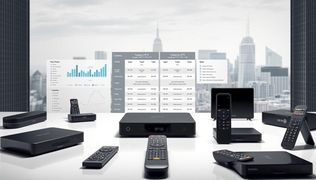 A detailed comparison of leading IPTV service providers, showcased in a sleek, modern layout. The foreground features various IPTV devices and remote controls, meticulously arranged to highlight their distinctive designs. The middle ground displays comparison charts, graphs, and feature lists, allowing viewers to easily assess the key differences between providers. The background is a minimalist, yet sophisticated cityscape, conveying the urban, tech-savvy atmosphere of the IPTV industry. Soft, directional lighting accentuates the clean lines and premium aesthetic, creating an informative and visually appealing image that aligns with the article's subject and section title.