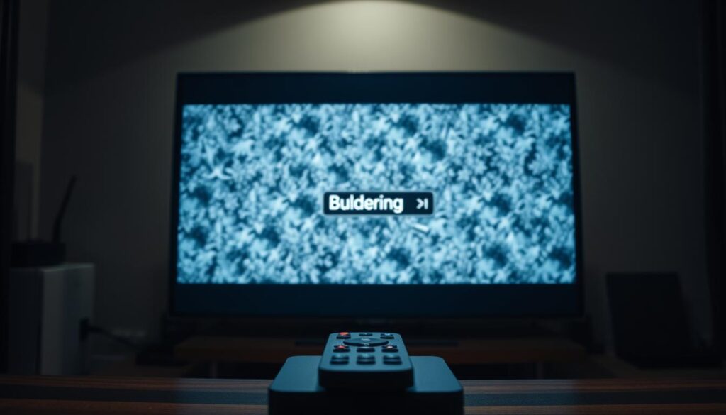 A detailed, high-quality image of a home entertainment setup experiencing IPTV buffering. In the foreground, a TV screen shows a frozen, pixelated image, the "buffering" icon spinning in the center. The middle ground features a remote control and a streaming device like a set-top box or HDMI dongle, conveying the living room setting. The background depicts a dimly lit room, with subtle hints of network cables and Wi-Fi routers, suggesting the technical infrastructure powering the IPTV service. Dramatic lighting casts shadows and highlights the frustration of the buffering issue, with a moody, cinematic atmosphere.