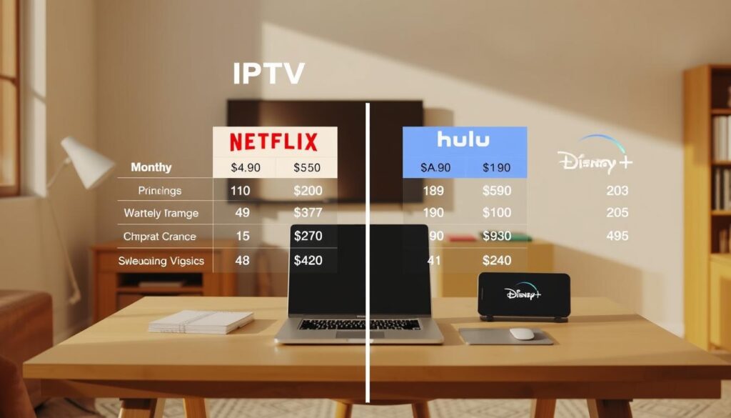 A detailed, side-by-side visual comparison of the monthly costs of IPTV and popular streaming services like Netflix, Hulu, and Disney+. The scene is set in a warm, minimalist office space with a desk, laptop, and smart devices showcasing the relevant pricing plans. The lighting is soft and natural, creating a calm, professional atmosphere. The composition emphasizes the clear financial breakdown, allowing the viewer to easily compare the relative costs at a glance. The overall mood is one of informed decision-making, guiding the viewer towards the optimal choice based on their budget and needs.