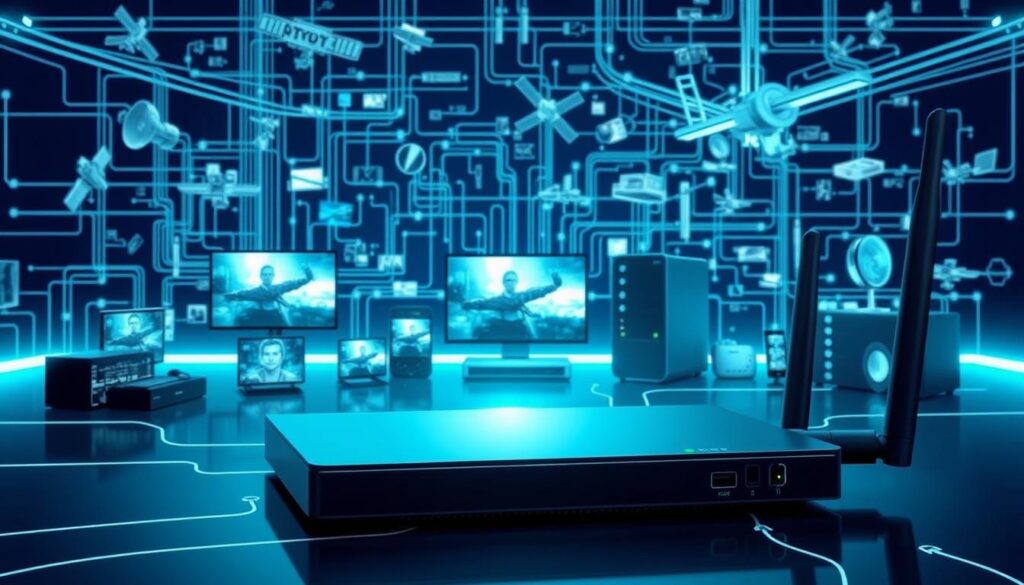 A detailed technical diagram showcasing the inner workings of IPTV technology. In the foreground, a sleek modem or router device transmitting digital video signals across a network. In the middle ground, various connected devices such as smart TVs, set-top boxes, and mobile phones receiving and displaying the IPTV content. In the background, a complex web of internet infrastructure including servers, satellites, and fiber optic cables. The scene is bathed in a cool, futuristic blue-green lighting, conveying the cutting-edge nature of IPTV. The overall composition should be clean, informative, and visually striking to illustrate the section on "What is IPTV and How Does It Work?".