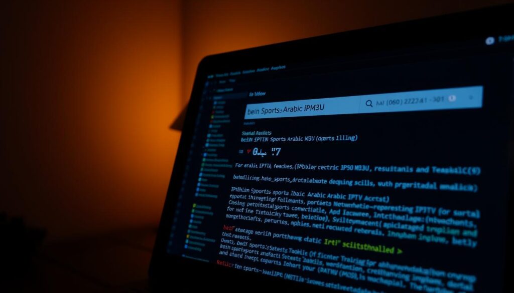 A dimly lit GitHub repository, its code files arranged in orderly folders. A laptop screen displays the search results for "beIN Sports Arabic IPTV M3U", the cursor hovering over a promising-looking repository. The room is quiet, save for the soft glow of the screen, hinting at the potential risks and legal implications of accessing such content. The atmosphere is one of cautious exploration, as the user navigates the ethical quandary of finding free access to premium sports programming.