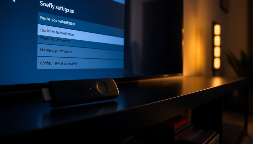 A dimly lit home entertainment setup, with an Amazon Firestick device prominently displayed on a sleek, modern TV cabinet. The Firestick's interface is illuminated, showcasing its security settings menu, complete with options for enabling two-factor authentication, managing app permissions, and configuring network connectivity. The scene has a sense of focus and attention to detail, with carefully curated lighting that casts subtle shadows, creating a sense of depth and atmosphere. The overall mood is one of professionalism and technical expertise, suitable for guiding readers through the process of preparing their Firestick for IPTV installation.