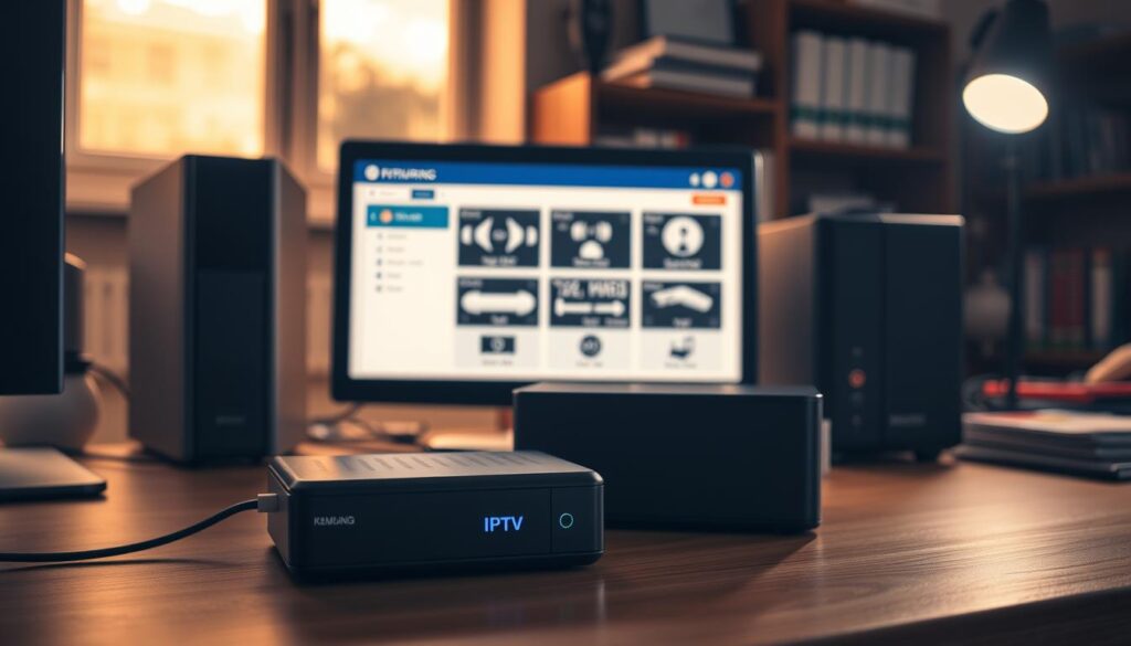 A dimly lit home office with a modern desktop computer, multiple storage devices, and a laptop displaying various IPTV recording and management interfaces. The foreground features a sleek external hard drive and a high-capacity NAS (Network Attached Storage) unit, symbolizing the versatile storage options for IPTV content. The middle ground showcases the laptop screen, highlighting the intuitive IPTV recording and playback controls. The background depicts a bookshelf with technical manuals and a subtle window, creating a sense of professionalism and expertise. The overall lighting is warm and focused, creating a cozy and productive atmosphere for managing IPTV storage.