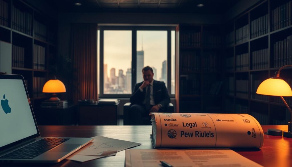 A dimly lit, professional-looking office interior. In the foreground, a desk with a laptop, papers, and a legal rulebook prominently displayed. On the desk, various streaming service logos and icons symbolize the different legal streaming frameworks. In the middle ground, a person in a suit is seated, deep in thought, surrounded by bookshelves filled with legal documents. The background features a large window overlooking a cityscape, casting a warm, golden glow throughout the scene. The overall atmosphere conveys a sense of authority, expertise, and the complexities of navigating the legal aspects of modern streaming technologies.