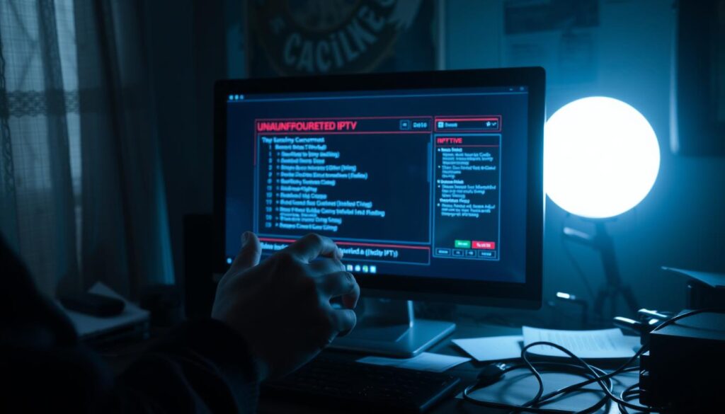 A dimly lit room, the glow of a computer screen casting shadows across a cluttered desk. On the screen, an ominous interface displaying unauthorized IPTV streams, hinting at the security risks that lurk in the shadows of the online world. In the foreground, a person's hands cautiously navigate the interface, their expression one of concern as they ponder the consequences of their actions. The background is shrouded in a sense of unease, with scattered documents and cables suggesting the complexity and potential dangers of this digital landscape. The mood is tense, the atmosphere weighted with the gravity of the situation, a stark warning of the perils that can arise from the misuse of technology.