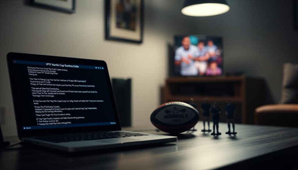 A dimly lit room, with a desk in the foreground featuring a laptop displaying IPTV troubleshooting guides for the Rugby World Cup. The laptop screen shows various error messages and troubleshooting steps. In the middle ground, a rugby ball and some rugby player figurines convey the sport's theme. The background is blurred, creating a sense of focus on the technical aspects of the IPTV setup. The lighting is soft and moody, setting a contemplative atmosphere for resolving the IPTV issues. The overall composition emphasizes the intersection of technology and sports, reflecting the challenges of accessing the Rugby World Cup through IPTV.