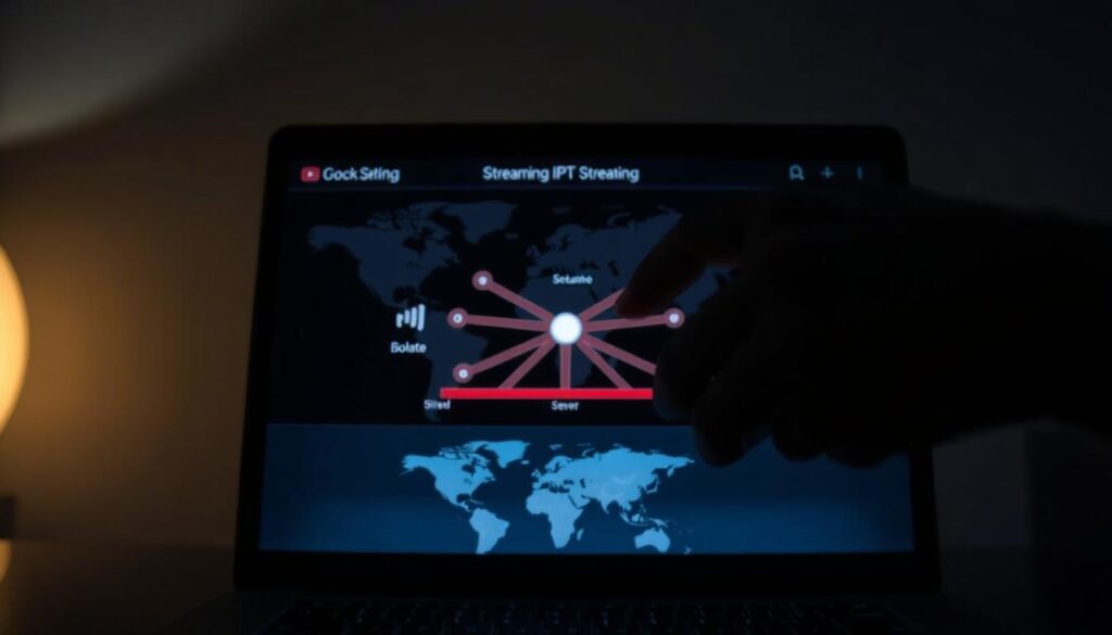 A dimly lit room, with a laptop screen displaying a streaming interface. In the foreground, a hand adjusts the volume and bitrate settings, conveying the idea of fine-tuning the streaming quality. The middle ground features a network diagram, depicting the various factors that influence IPTV streaming, such as internet speed, latency, and server load. The background showcases a subtle, hazy representation of the world map, symbolizing the global nature of IPTV services. The overall mood is one of technical expertise and problem-solving, reflecting the "Streaming Quality and Performance" section of the article.