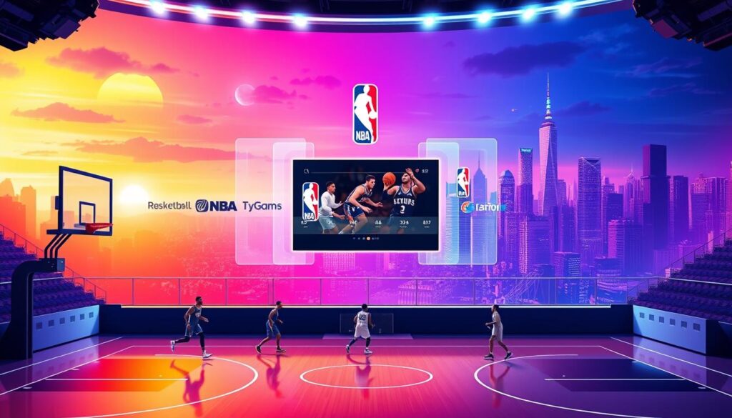 A dynamic and futuristic illustration showcasing the top IPTV providers for NBA games. In the foreground, a sleek and modern basketball court with players in action, surrounded by a clean and minimalist interface displaying the logos and names of leading IPTV services. The middle ground features a floating holographic display presenting basketball highlights and statistics, while the background depicts a cityscape with skyscrapers and a vibrant, neon-lit skyline, conveying a sense of technological advancement and the global reach of the NBA. The image is rendered with a high-contrast, vivid color palette and dramatic lighting, creating an immersive and visually compelling scene that captures the excitement and accessibility of NBA games through IPTV platforms.