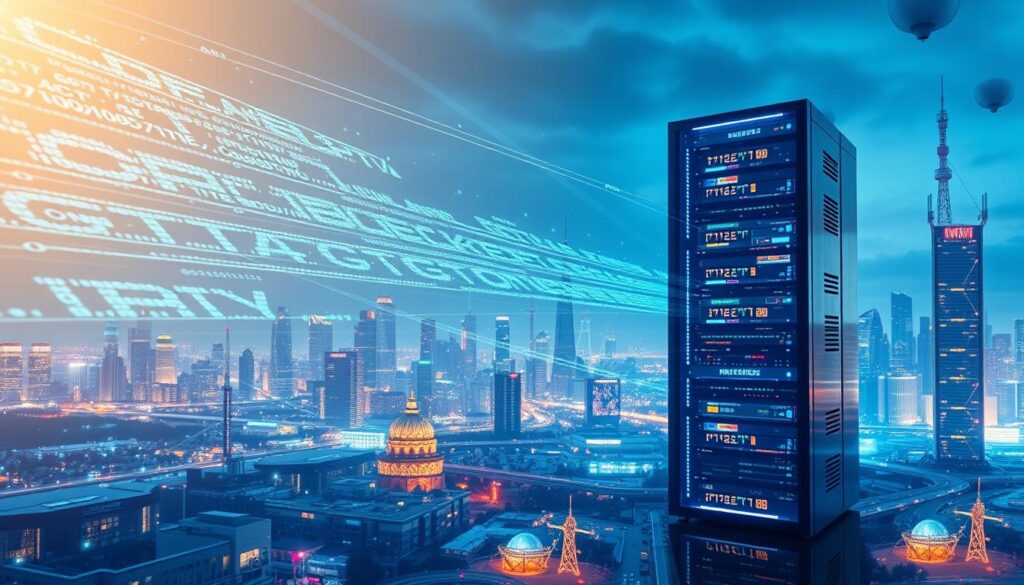 A dynamic, futuristic digital landscape showcasing the intricacies of internet protocol broadcasting. In the foreground, a sleek, high-resolution display presents a real-time visualization of data packets seamlessly transmitting across a global network. The middle ground features a towering server rack, its blinking lights and cooling fans symbolizing the powerful infrastructure powering IPTV technology. In the background, a cityscape of skyscrapers and antennas illuminates the scale and interconnectivity of the digital world. Soft, cool lighting casts a futuristic glow, emphasizing the advanced, cutting-edge nature of IPTV. The scene conveys the efficiency, reliability, and widespread benefits of this innovative broadcasting method.