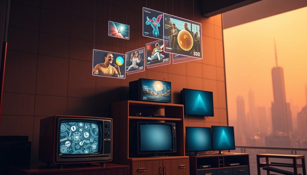 Une scène dynamique et rétro-futuriste illustrant l'évolution de la technologie télévisuelle.