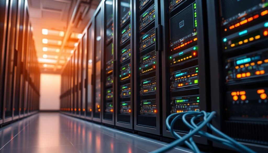 A gleaming server rack in a modern data center, the epitome of IPTV technology. Sleek metal panels and blinking indicator lights suggest a complex network infrastructure. In the foreground, a network cable snakes across the floor, hinting at the vast digital landscape that IPTV encompasses. Warm, indirect lighting casts a soft glow, creating an atmosphere of technological sophistication. The scene exudes a sense of efficiency and reliability, reflecting the legal implications of leveraging IPTV responsibly. The overall composition conveys the convergence of cutting-edge media delivery and the need for regulatory compliance.