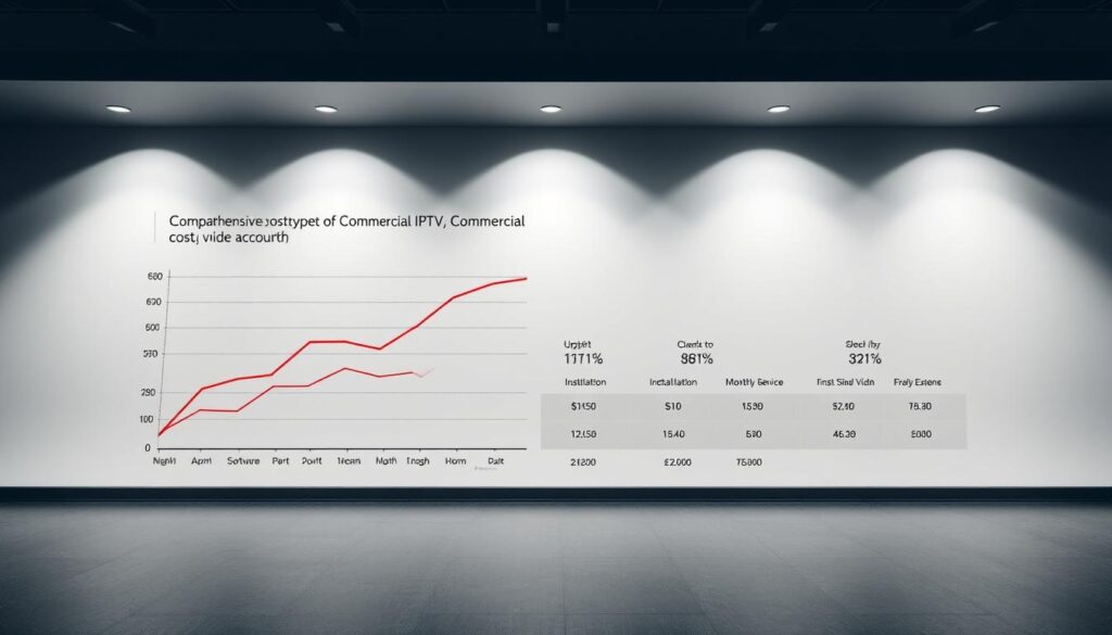 A high-contrast, analytical data visualization depicting a comprehensive cost breakdown of a commercial IPTV system. The foreground features a detailed line graph showcasing the upfront and ongoing expenses, with clear demarcations for hardware, software, installation, and monthly service fees. The middle ground presents comparative cost metrics for alternative video distribution solutions, allowing for side-by-side evaluation. The background provides a clean, minimalist environment with muted tones, drawing focus to the data-rich infographic. Bright key lighting casts dramatic shadows, creating a sense of technical sophistication, while a wide-angle camera perspective conveys the scale and complexity of the IPTV cost analysis.