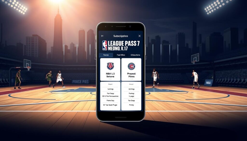 A high-contrast, detailed digital illustration depicting the subscription options for the NBA League Pass streaming service. In the foreground, a sleek, modern smartphone displays the various NBA League Pass plans and pricing tiers, with clean typography and vibrant team logos. The middle ground features a basketball court backdrop, with players in action, creating a sense of energy and athleticism. The background showcases a cityscape with skyscrapers, hinting at the global reach of the NBA brand. The lighting is dramatic, with strong shadows and highlights, emphasizing the premium feel of the service. The overall composition conveys the accessibility and comprehensive coverage of the NBA League Pass for basketball fans.